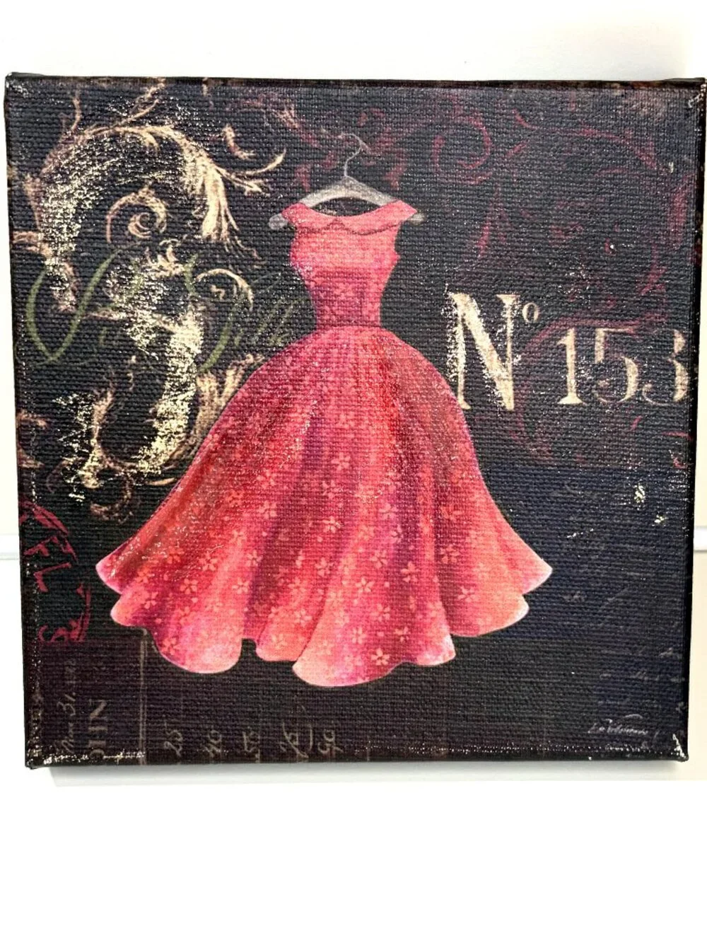 Pink Dress Fashion Canvas Wall Art 14x14 Black Gold Glam Decor